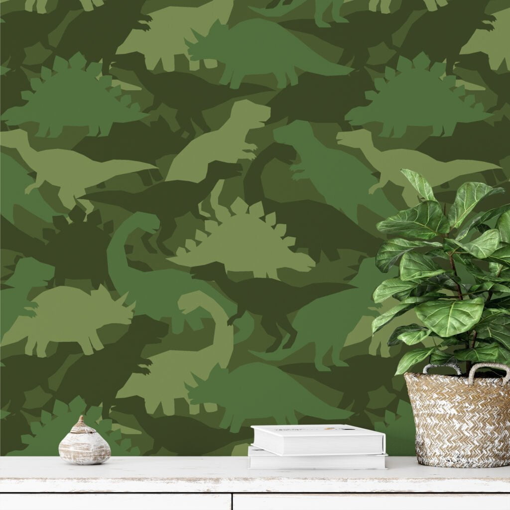 Green Camouflage Dinosaur Silhouette Illustration Wallpaper, Playful Kids Adventure Peel & Stick Wall Mural