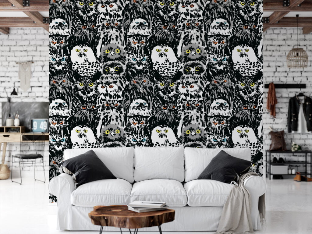 Abstract Grudge Owl Birds Pattern Illustration Wallpaper, Monochrome Bird Art Peel & Stick Wall Mural