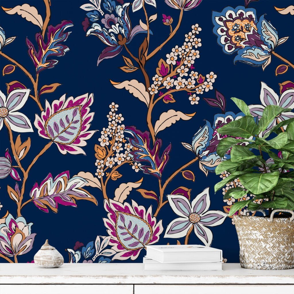 Floral Paisley Damask Design Wallpaper, Elegant Dark Navy Floral Peel & Stick Wall Mural