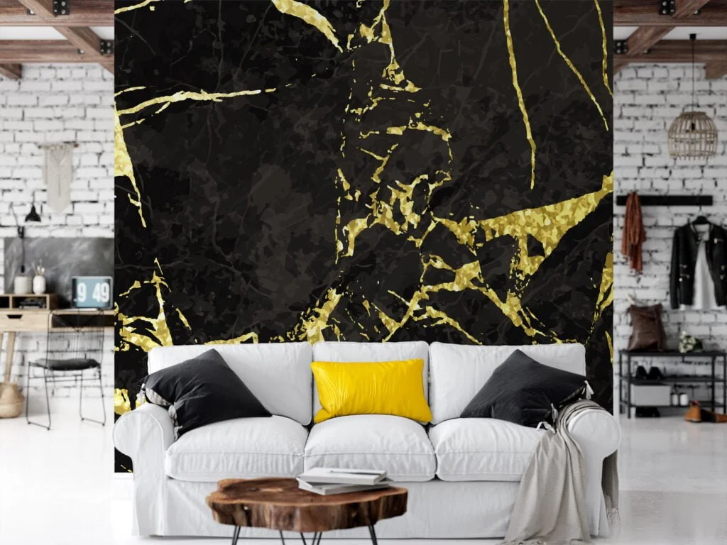 Black And Gold Illustration Wallpaper, Luxurious Black Marble Peel & Stick Wall Mural