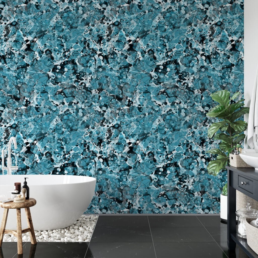 Abstract Blue Ink shapes Illustration Wallpaper, Contemporary Fluid Art Peel & Stick Wall Mural
