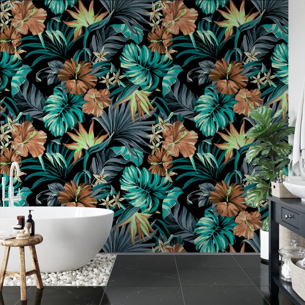 Tropical Leaves And Flowers On A Black Background Wallpaper, Exotic Green and Brown Flora Peel & Stick Wall Mural