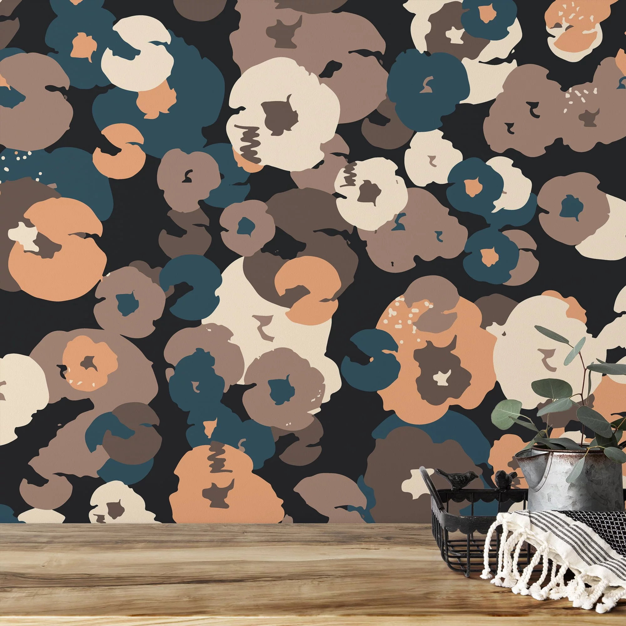 Abstract Floral Shaped Design Wallpaper, Chic Navy & Earth Tones Peel & Stick Wall Mural
