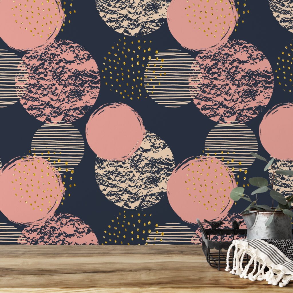 Abstract Large Peach Pink Circles Design Illustration Wallpaper With A Dark Background, Modern Home Decor Peel & Stick Wall Mural