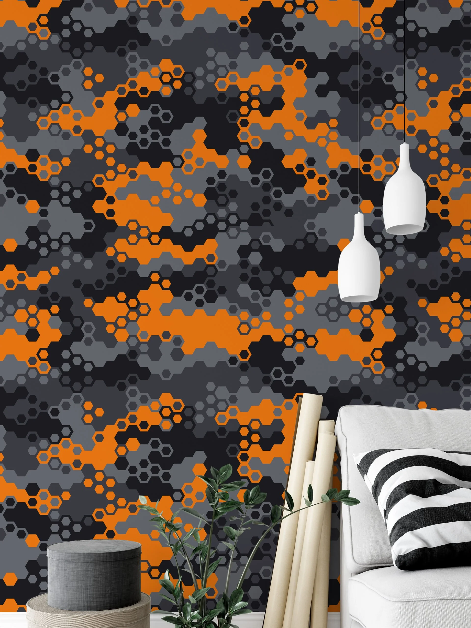 Abstract Grey And Orange Hexagon Geometric Shaped Illustration Wallpaper, Modern Home Decor Peel & Stick Wall Mural