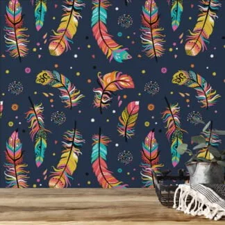 Colorful Flat Art Feathers Pattern Illustration Wallpaper, Whimsical Navy Nature-Inspired Peel & Stick Wall Mural