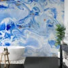 Abstract Blue Ink Swirls Illustration Wallpaper, Unique Suminagashi Inspired Peel & Stick Wall Mural