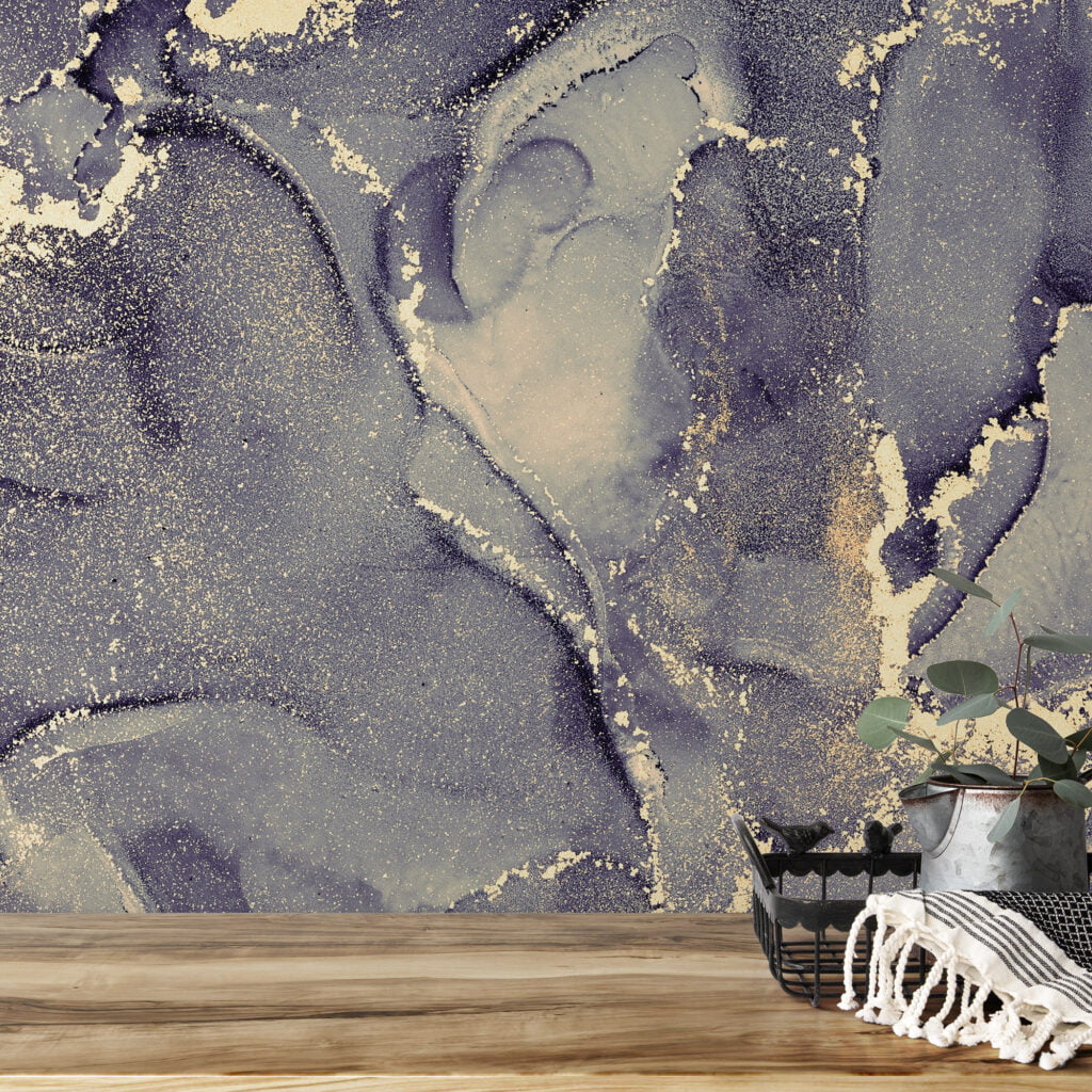 Dark Colored Alcohol Ink Art Marble Wallpaper, Gold-Flecked Elegant Peel & Stick Wall Mural