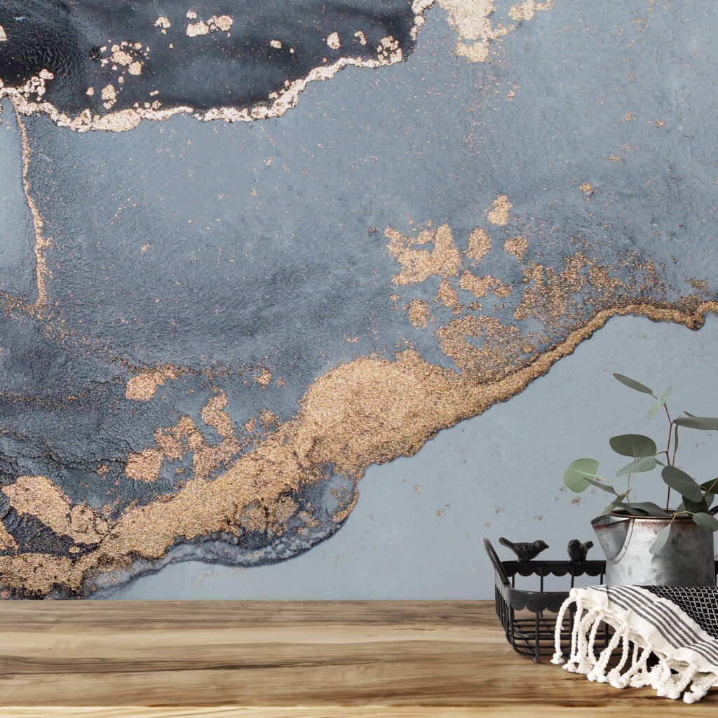 Steel Blue Grey Alcohol Ink Art Marble Wallpaper, Luxurious Gold Flecked Marble Peel & Stick Wall Mural