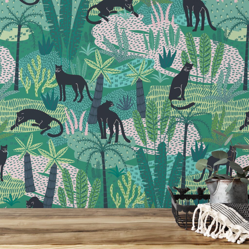 Flat Art Tropical Jungle With Panthers Illustration Wallpaper, Jungle Safari Animal Peel & Stick Wall Mural
