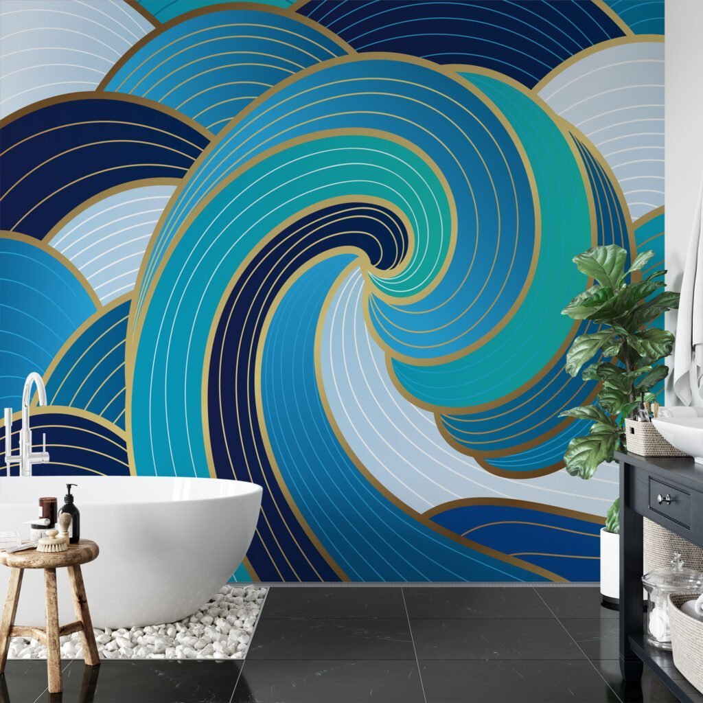 Large Abstract Waves With Blue Shades Wallpaper, Elegant Swirling Waves Peel & Stick Wall Mural