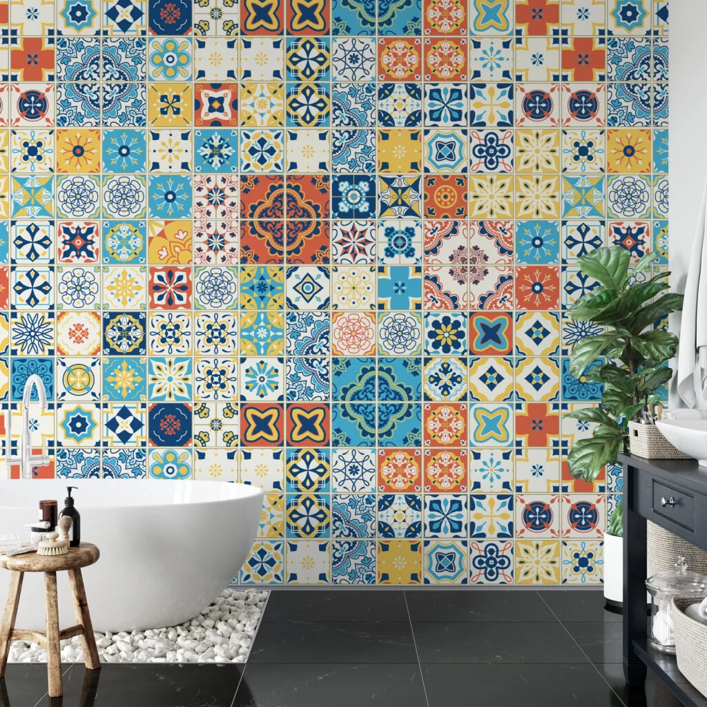 Retro Colored Mozaik Tiles Illustration Wallpaper, Mediterranean Charm Peel & Stick Wall Mural