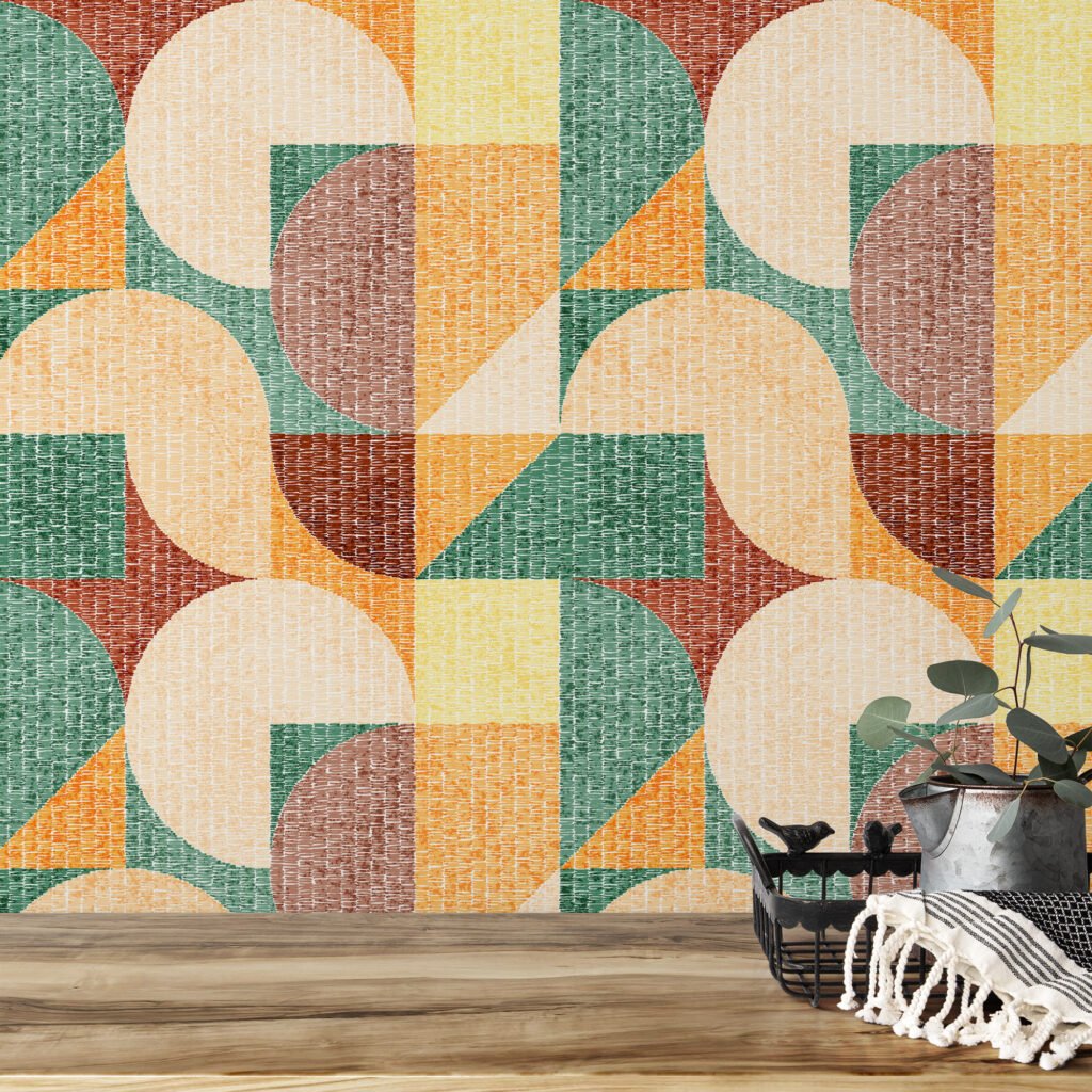 Large Geometric 70s Shaped Pattern Illustration Wallpaper, Artistic Geometric Fusion Peel & Stick Wall Mural
