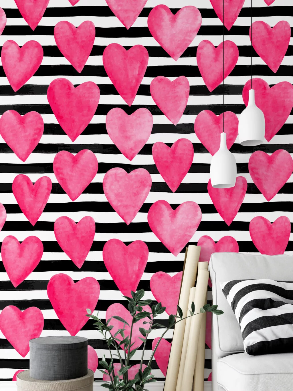 Watercolor Style Pink Hearts With Striped Background Wallpaper, Love Stripes Peel & Stick Wall Mural