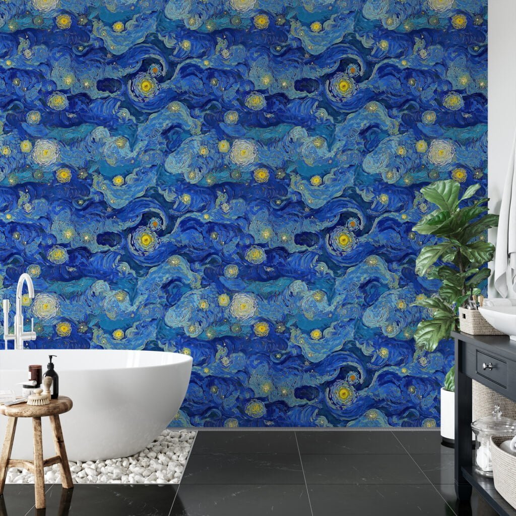 Abstract Blue And Yellow Artist Painting Effect Wallpaper, Van Gogh Style Blue Art Deco Peel & Stick Wall Mural
