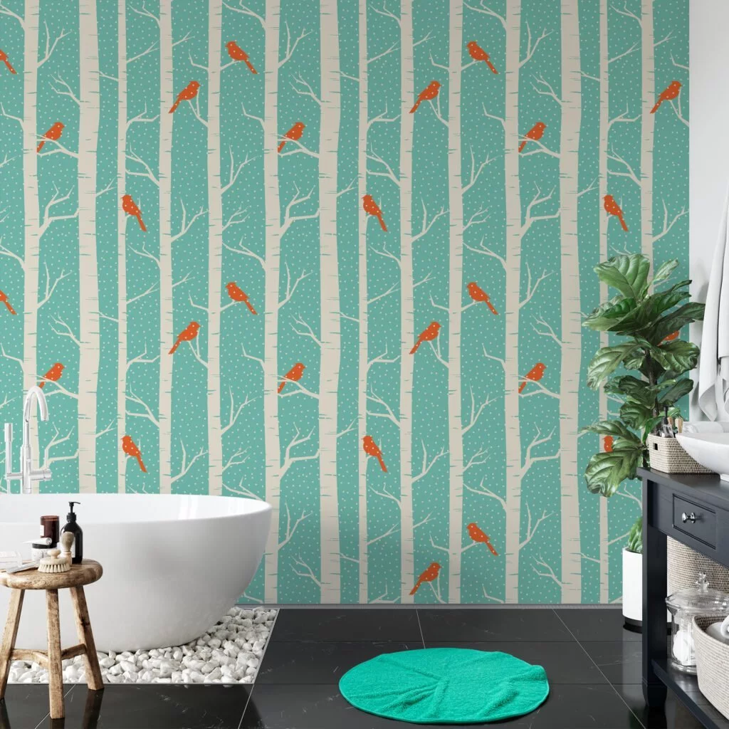 Abstract Snowy Trees With Birds Wallpaper, Chirping Birds in Birch Forest Peel & Stick Wall Mural