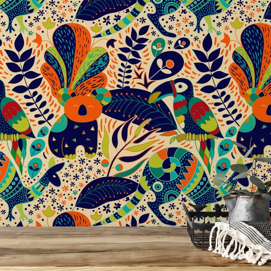 Colorful Folk Art Illustration With Toucans Kangaroos And Koalas Wallpaper, Abstract Jungle Animals Peel & Stick Wall Mural
