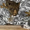 Floral Line Art With A Large Tiger Illustration Wallpaper, Monochrome Leopard & Floral Print Peel & Stick Wall Mural