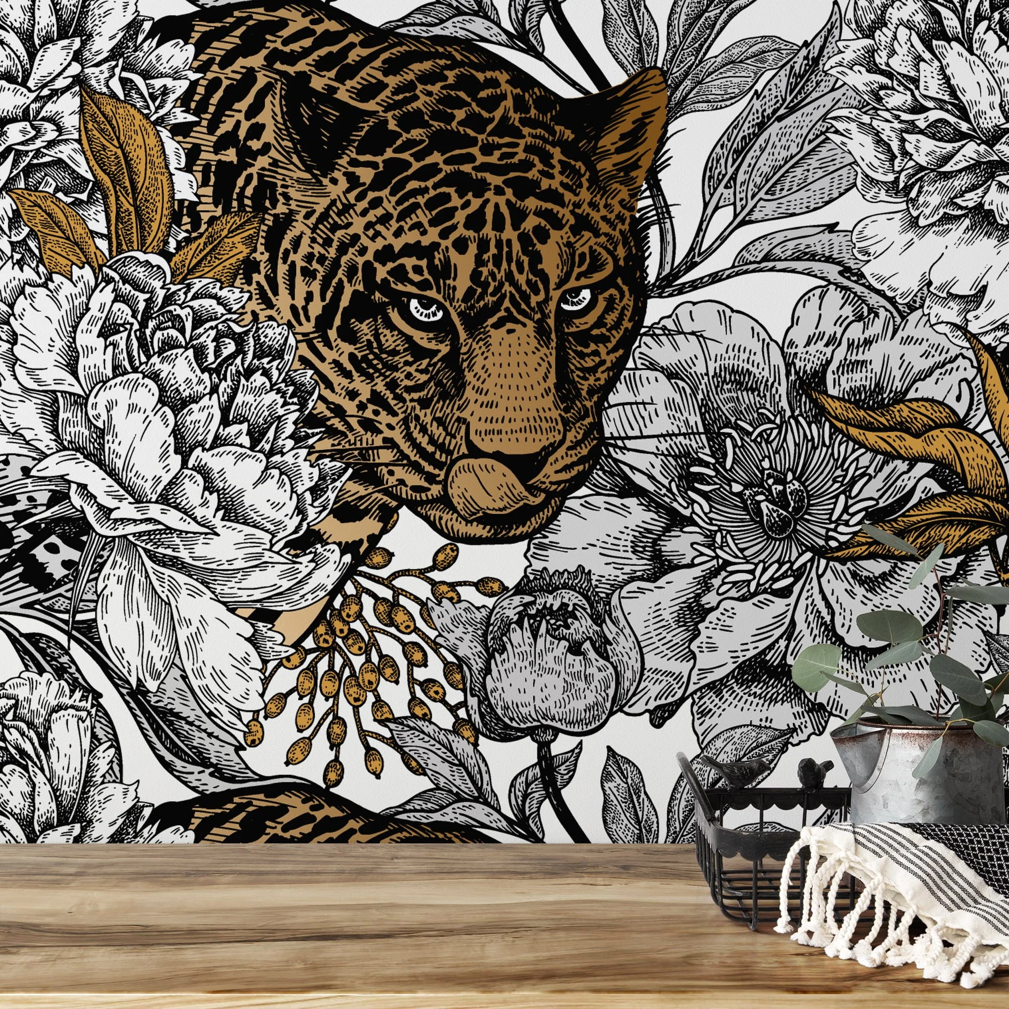 Floral Line Art With A Large Tiger Illustration Wallpaper, Monochrome Leopard & Floral Print Peel & Stick Wall Mural