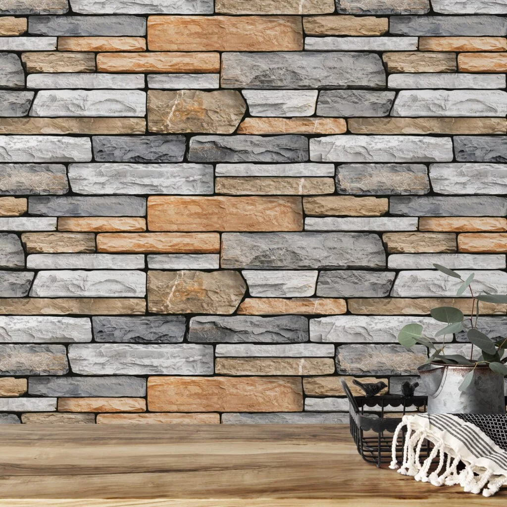 Large Brick Stone Wall Wallpaper, Contemporary Layered Stone Faux Peel & Stick Wall Mural