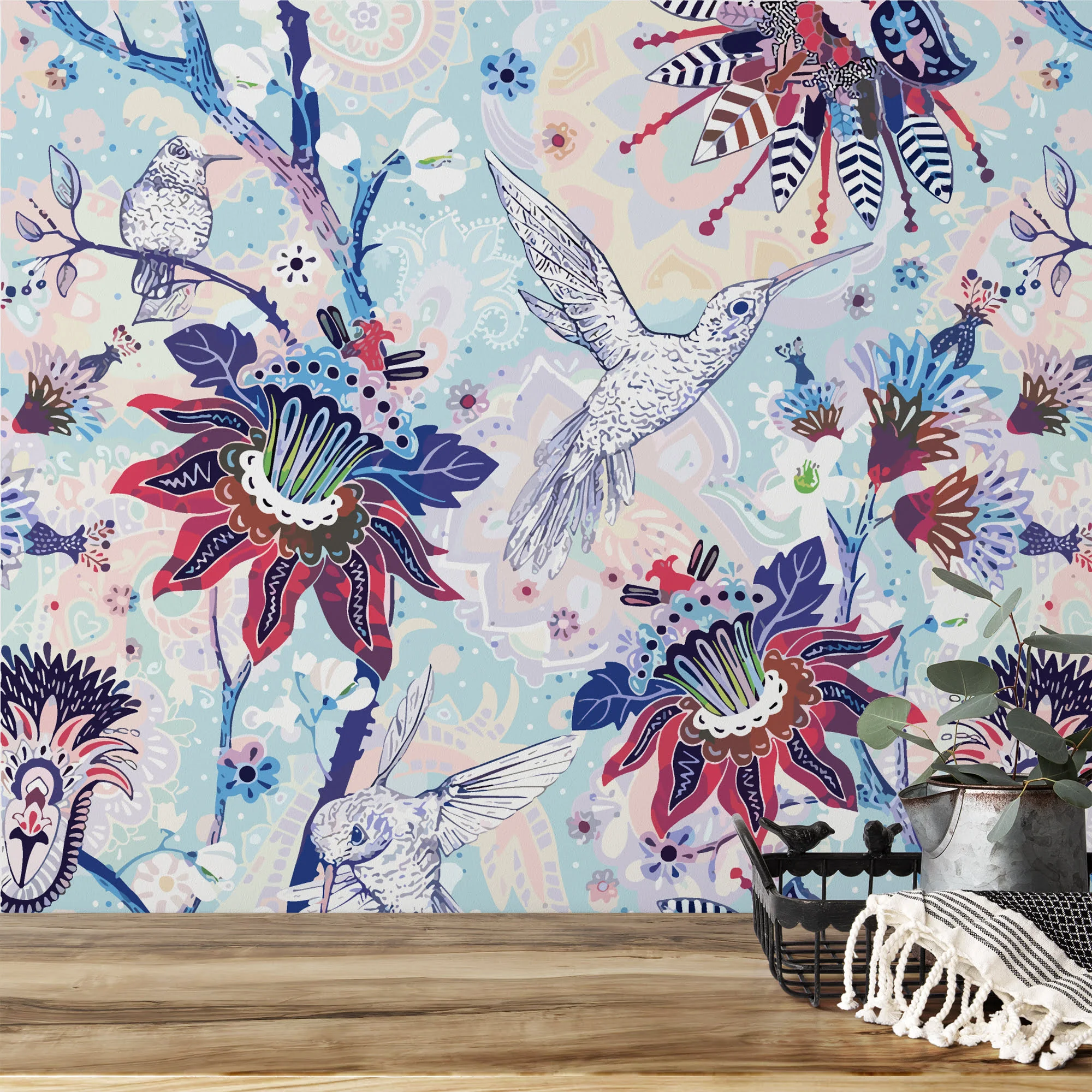 Floral Paisley Pattern With Hummingbirds Illustration Wallpaper, Whimsical Birds and Florals Peel & Stick Wall Mural