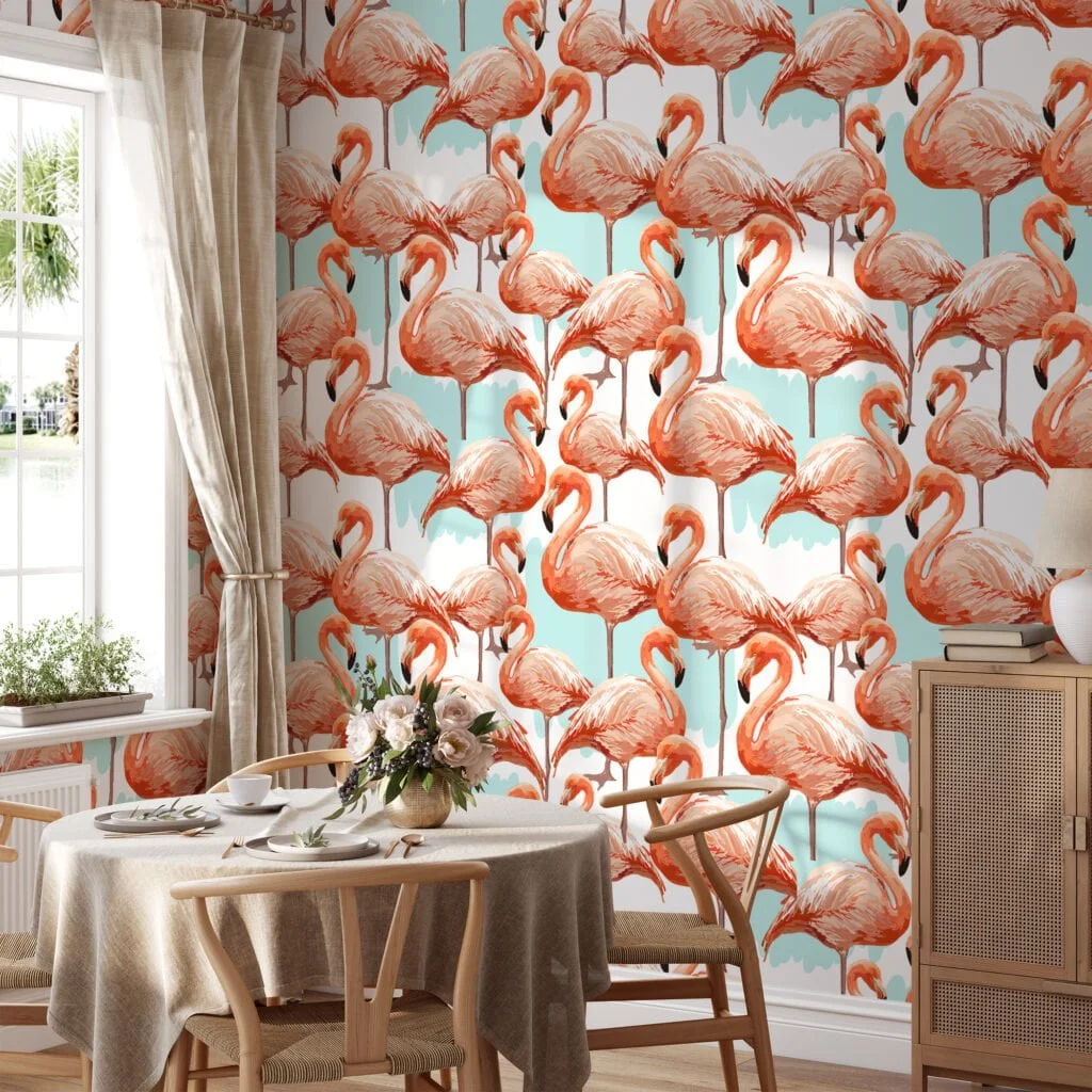 Elegant Abstract Flamingos Pattern Wallpaper, Tropical Pink Peel & Stick Wall Mural