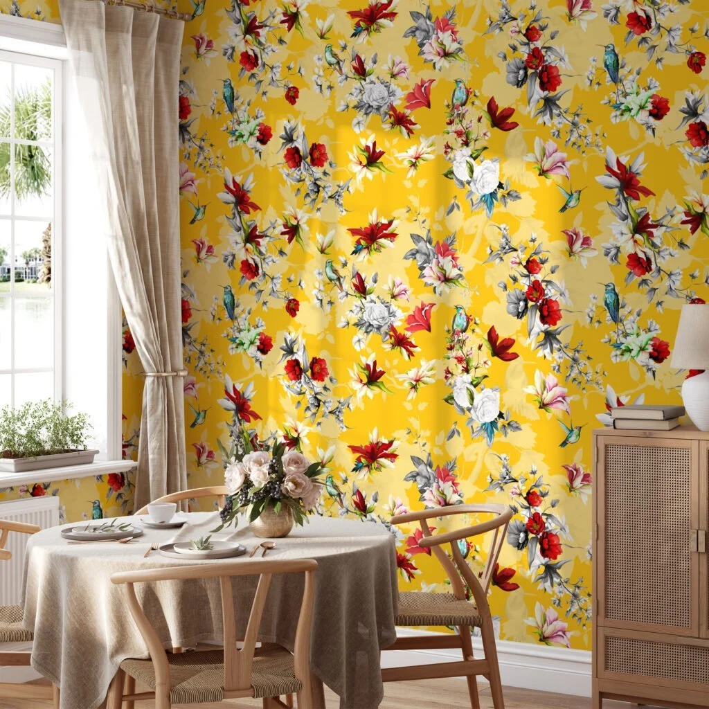 Yellow Floral Illustration With Birds And Flowers Wallpaper, Nature-Inspired Decor Peel & Stick Wall Mural