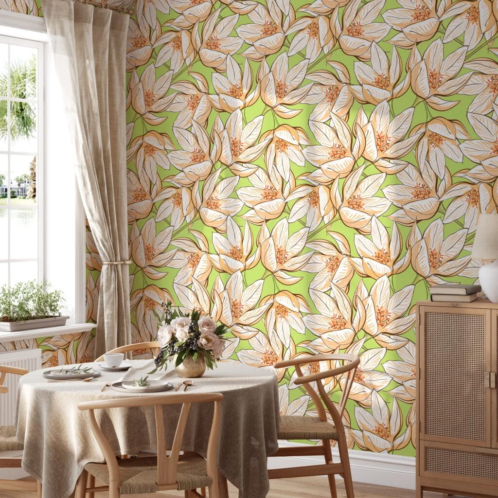 Retro Style Floral Line Art Wallpaper With A Green Background, Spring Blossom Elegance Peel & Stick Wall Mural