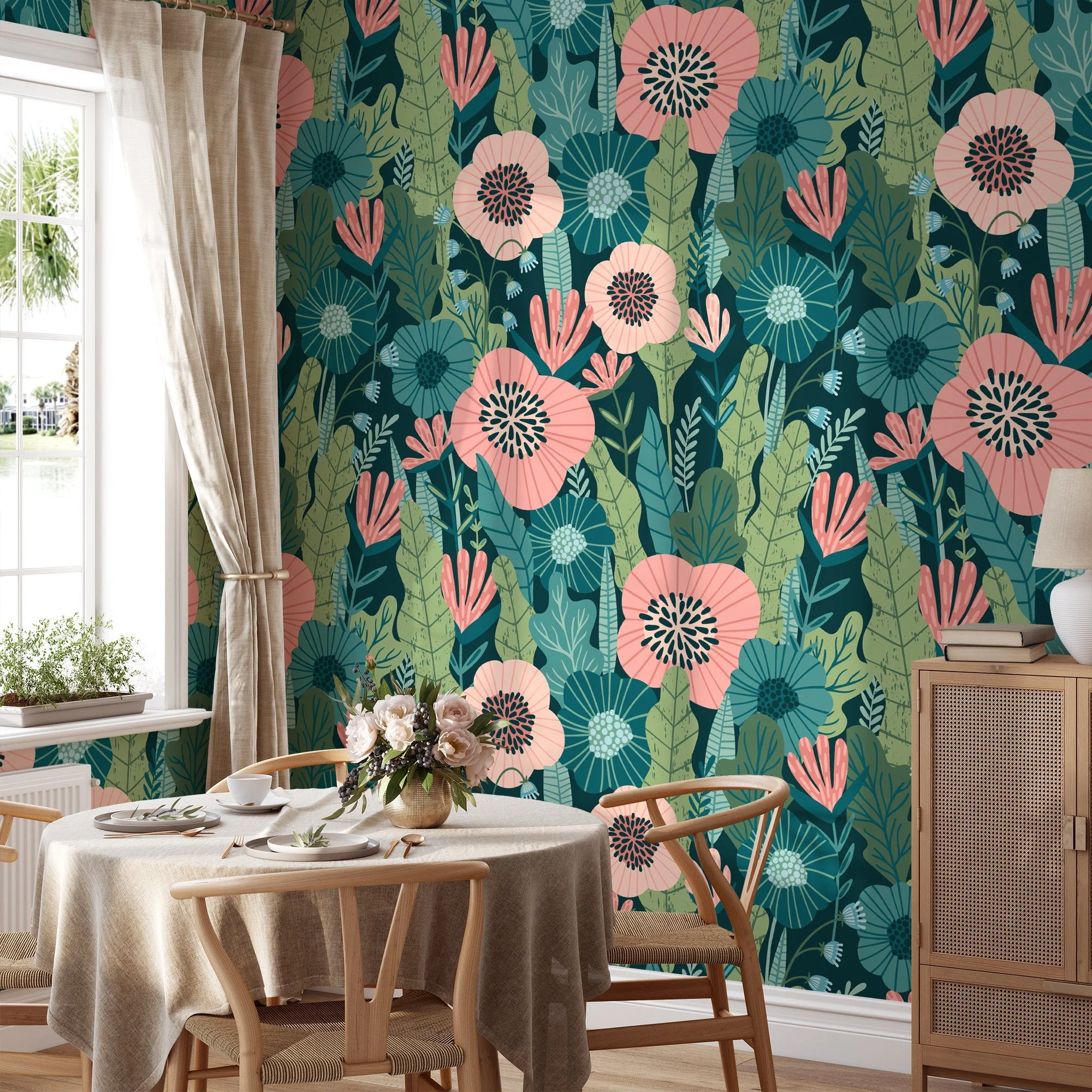 Flat Art Green Leaves With Peach Flowers Wallpaper, Tropical Bloom Greenery Peel & Stick Wall Mural