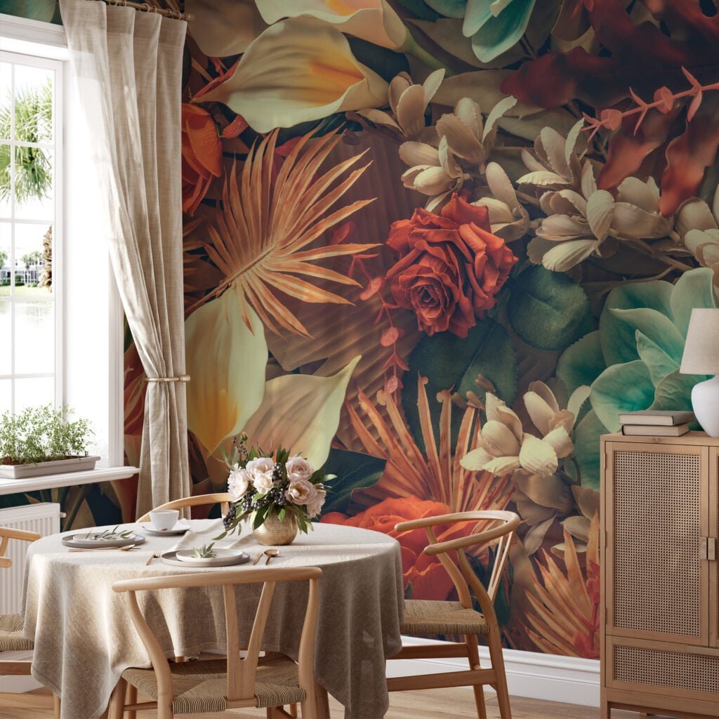 Vintage Style Large Flowers and Roses Wallpaper, Lush Botanical Peel & Stick Wall Mural