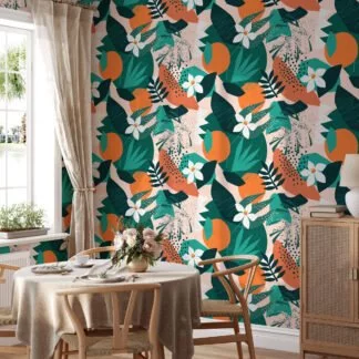 Floral Retro Orange and Leaves Design Wallpaper, Abstract Tropical Elegant Peel & Stick Wall Mural