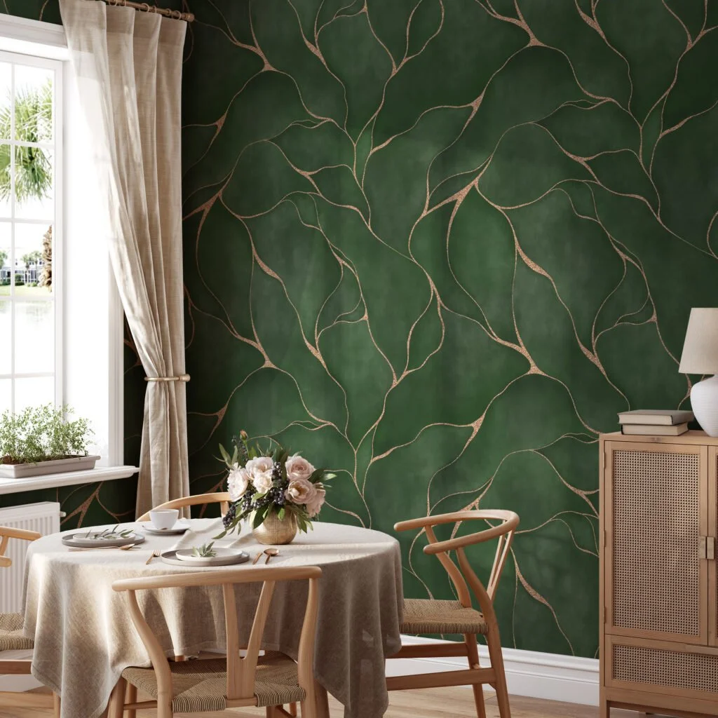 Abstract Green Leaves With Gold Lines Wallpaper, Luxury Emerald Peel & Stick Wall Mural