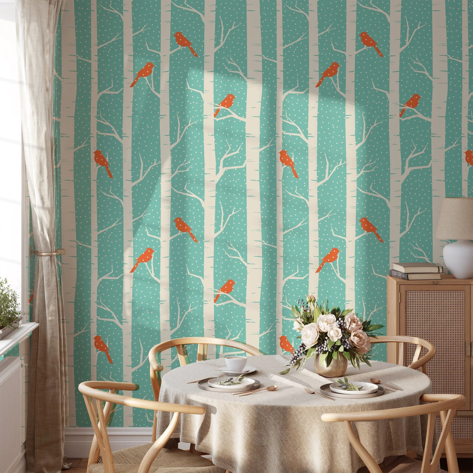 Abstract Snowy Trees With Birds Wallpaper, Chirping Birds in Birch Forest Peel & Stick Wall Mural