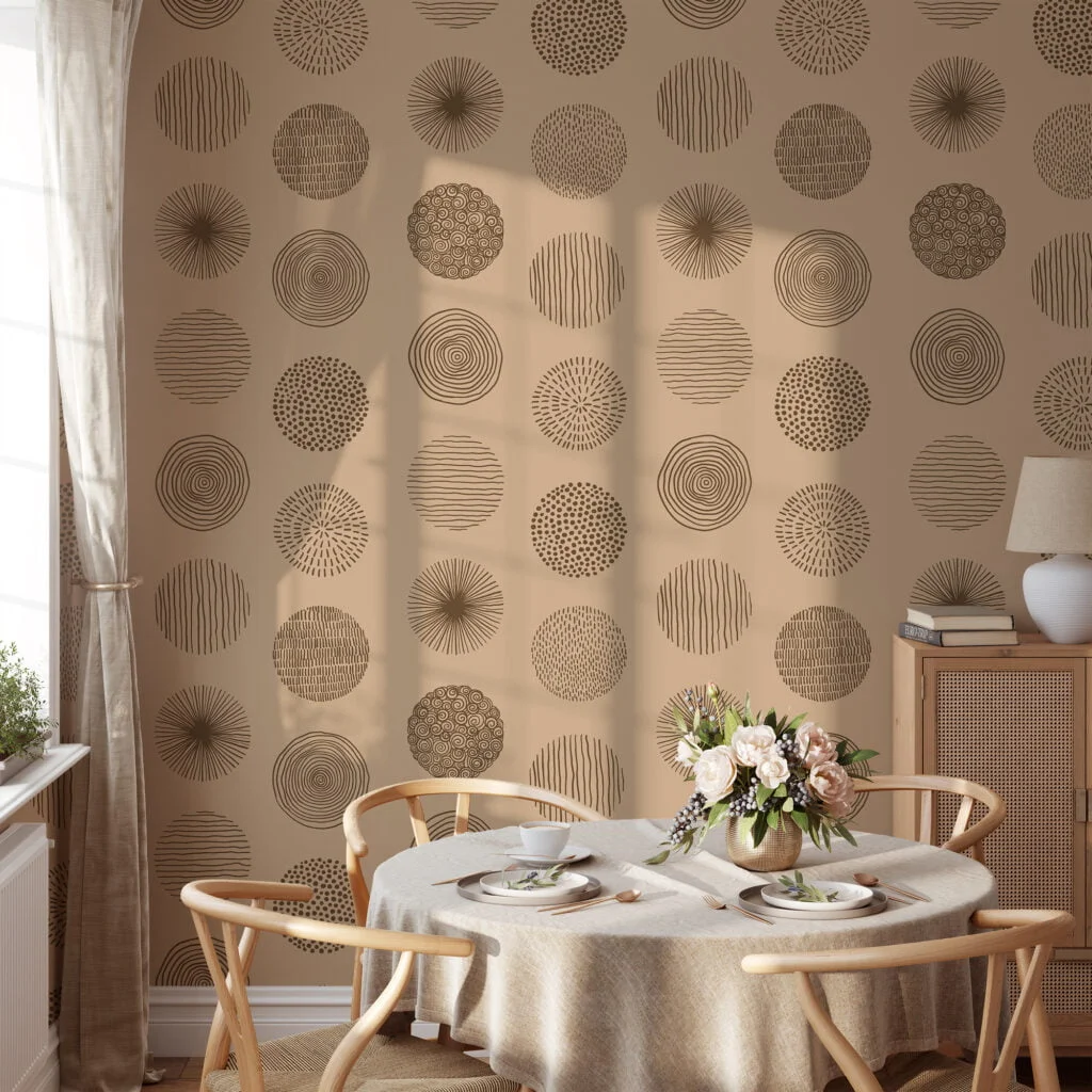 Brown Circles Pattern Illustration Wallpaper, Earthy Tones Abstract Circles Peel & Stick Wall Mural