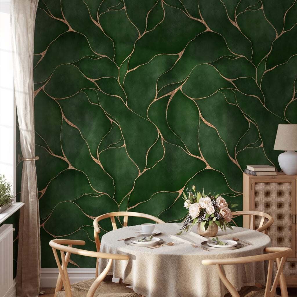Abstract Green Leaves With Gold Lines Wallpaper, Luxury Emerald Peel & Stick Wall Mural