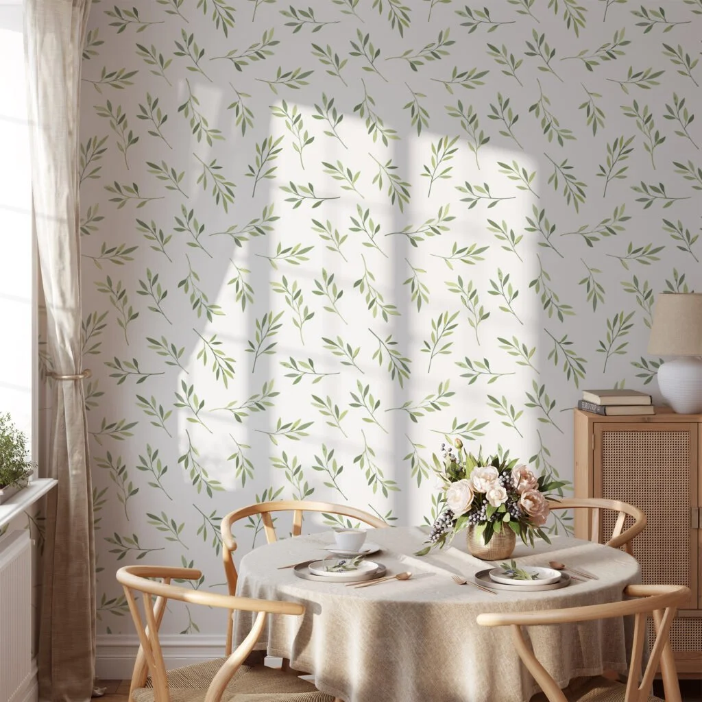 Watercolor Style Green Branches Leaves Wallpaper, Gentle Green Sprigs Peel & Stick Wall Mural