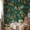 Green Leaves With Leopards And Girl Illustration Wallpaper, Wild Nature-Inspired Decor Peel & Stick Wall Mural