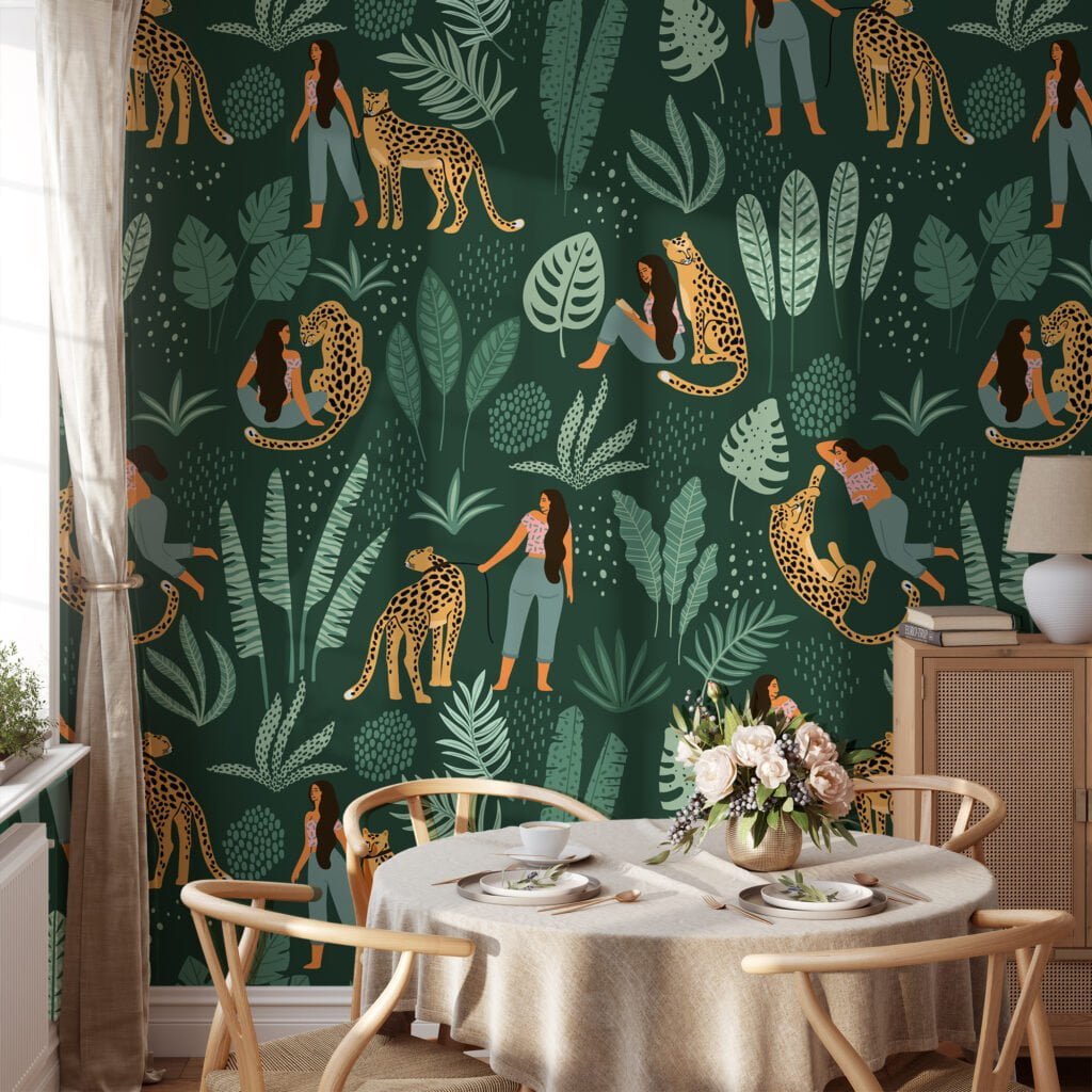 Green Leaves With Leopards And Girl Illustration Wallpaper, Wild Nature-Inspired Decor Peel & Stick Wall Mural
