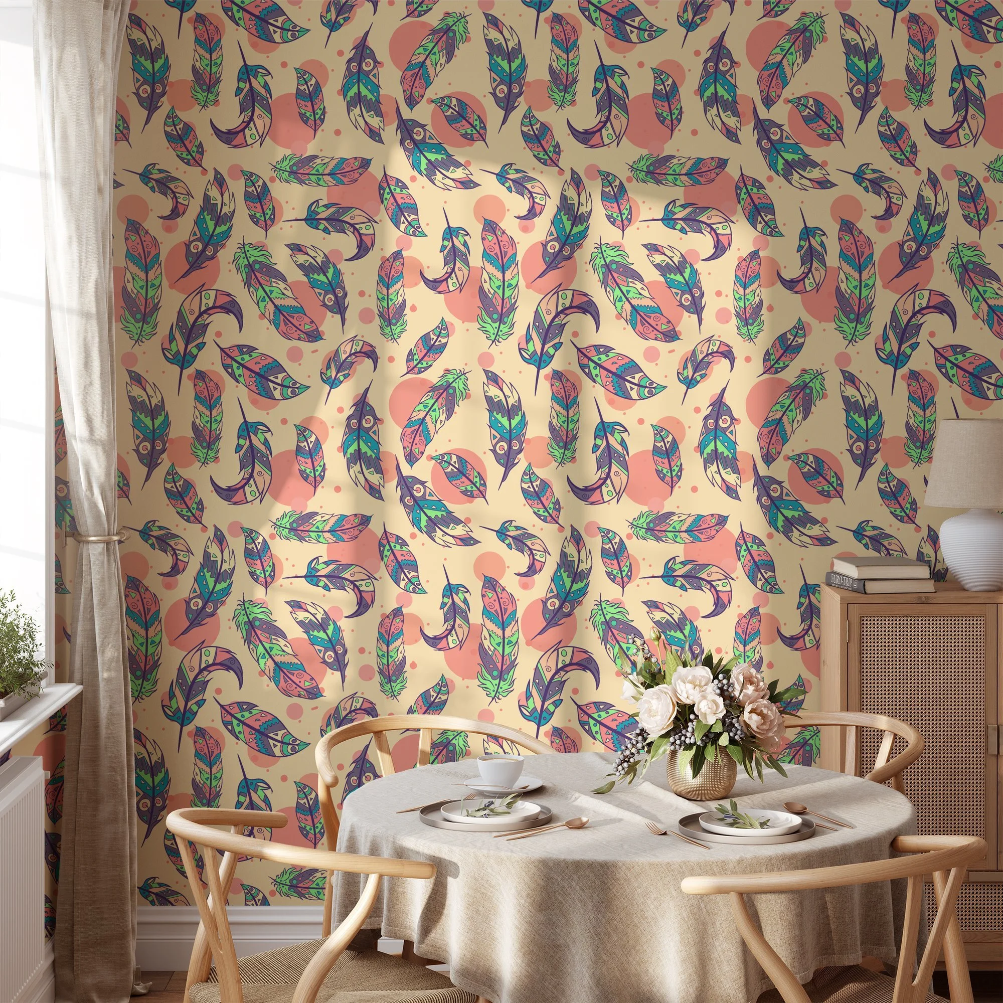 Colorful Cartoon Style Feathers Pattern Illustration Wallpaper, Bohemian Feather Design Peel & Stick Wall Mural