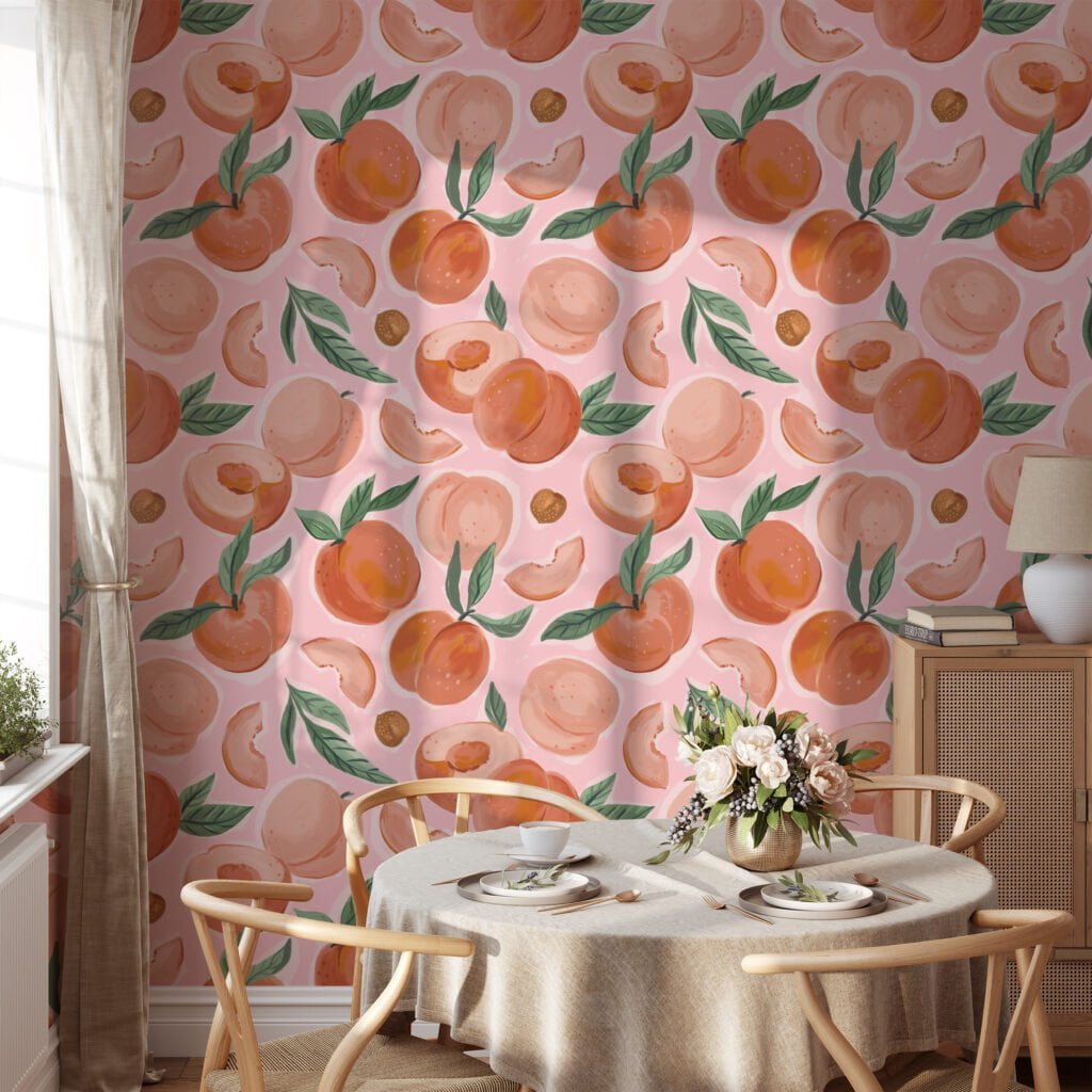 Peaches Pattern With Pink Background Wallpaper, Sweet Peach Fruit Peel & Stick Wall Mural