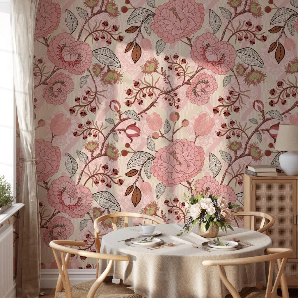 Pink Paisley Damask Style Illustration Wallpaper, Vintage Blush Rose Garden Peel & Stick Wall Mural