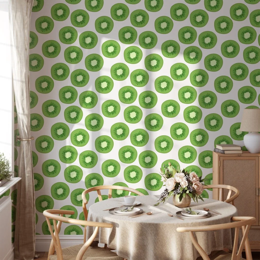 Kiwi Slices Illustration Wallpaper, Vibrant Green Kitchen Decor Peel & Stick Wall Mural