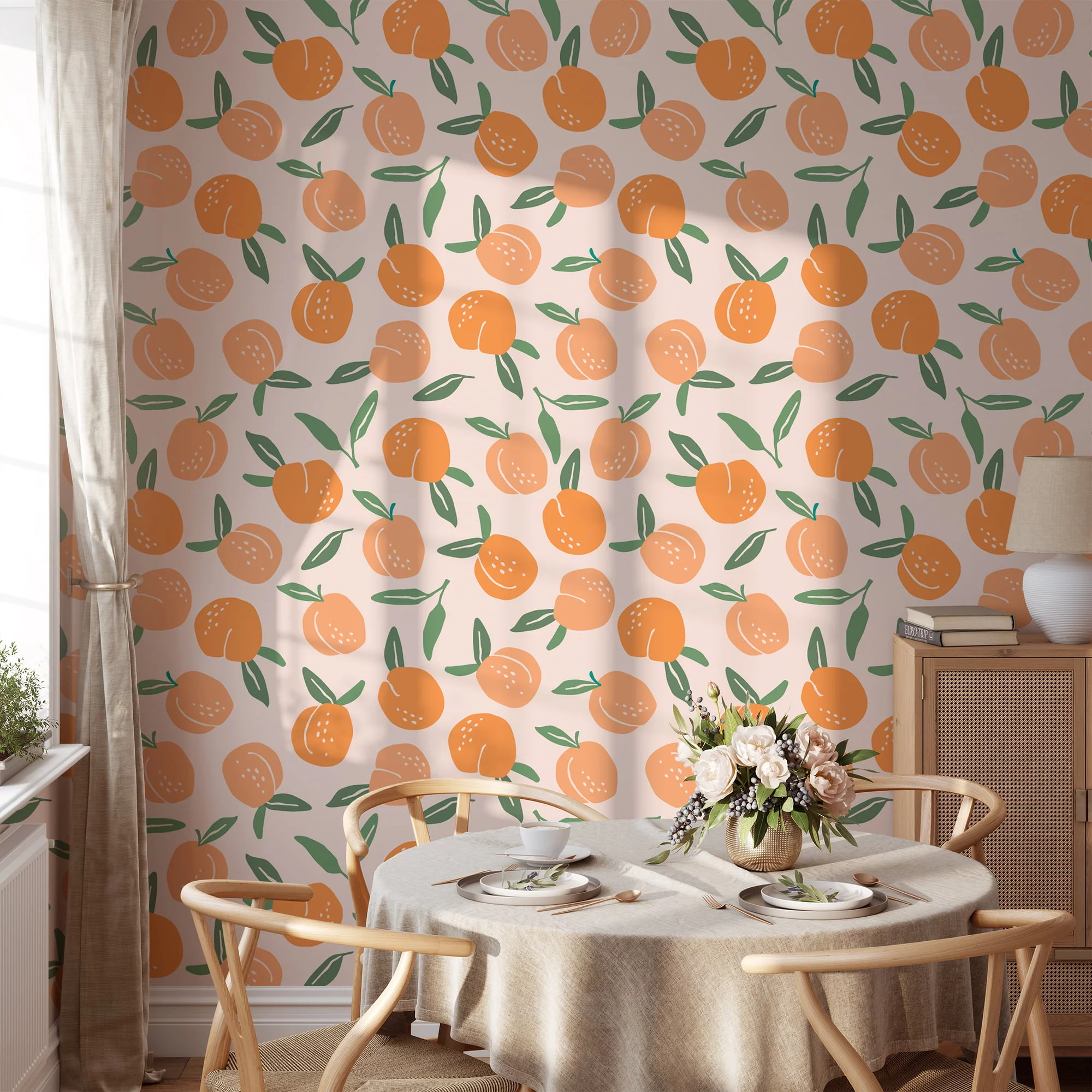 Flat Art Peaches Design Wallpaper, Peaches On Pastel Canvas Peel & Stick Wall Mural
