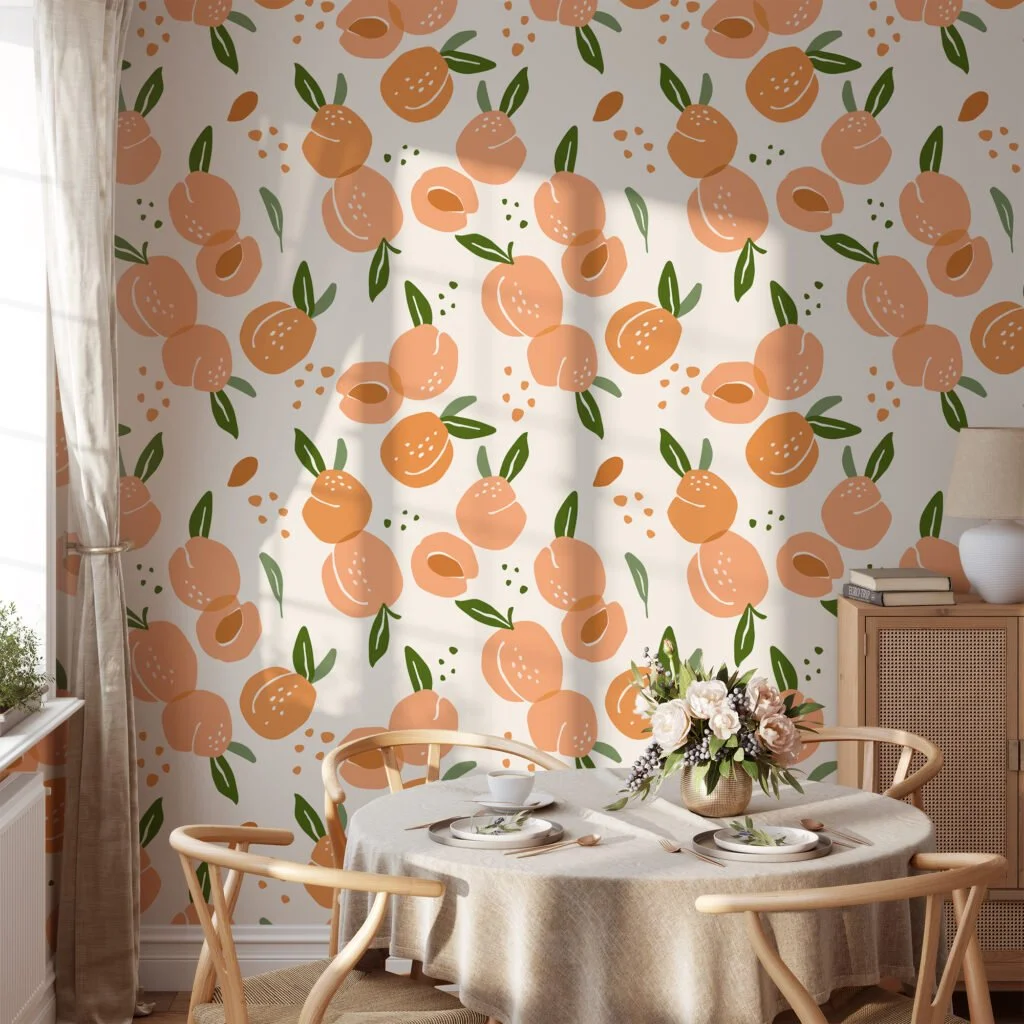 Flat Art Peaches Pattern Illustration Wallpaper, Sweet Apricot Orchard Peel & Stick Wall Mural