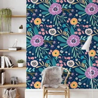 Floral Folk Art Flowers With A Dark Background Wallpaper, Enchanted Navy Garden Peel & Stick Wall Mural