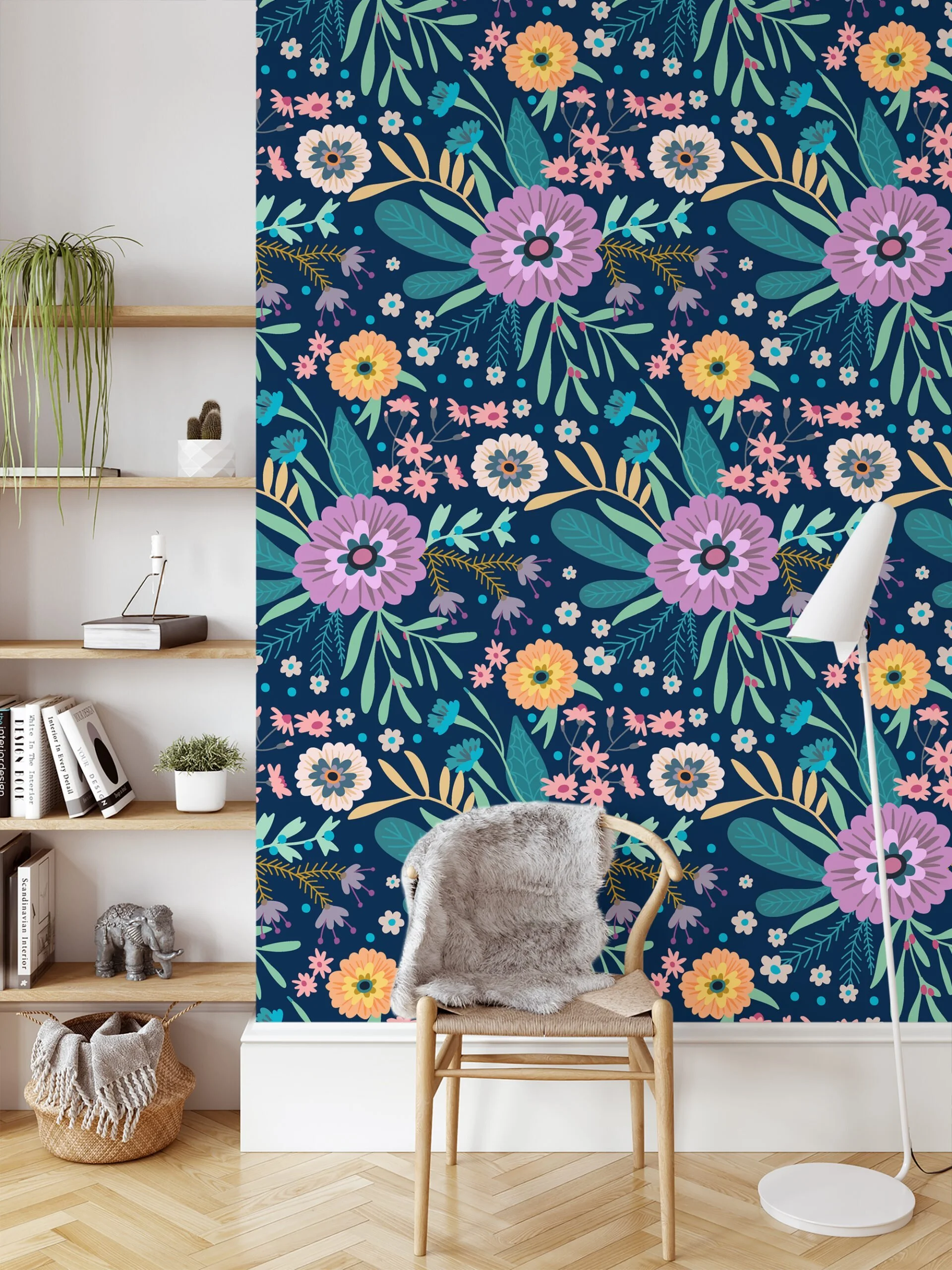 Floral Folk Art Flowers With A Dark Background Wallpaper, Enchanted Navy Garden Peel & Stick Wall Mural