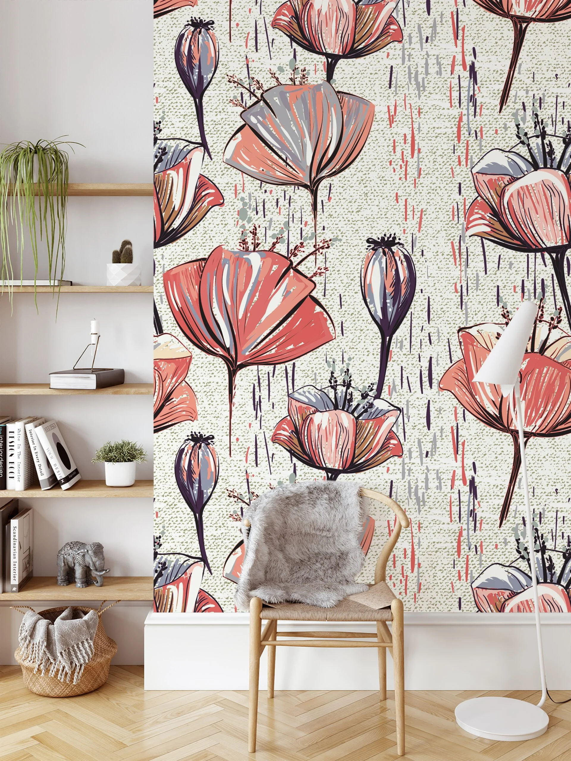 Flower Illustration Wallpaper, Abstract Floral Tulip Sketch Peel & Stick Wall Mural