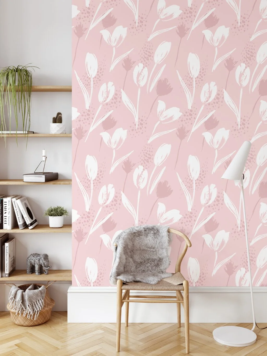 Pastel Tulips Illustration Wallpaper, Delicate Floral Elegant Peel & Stick Wall Mural