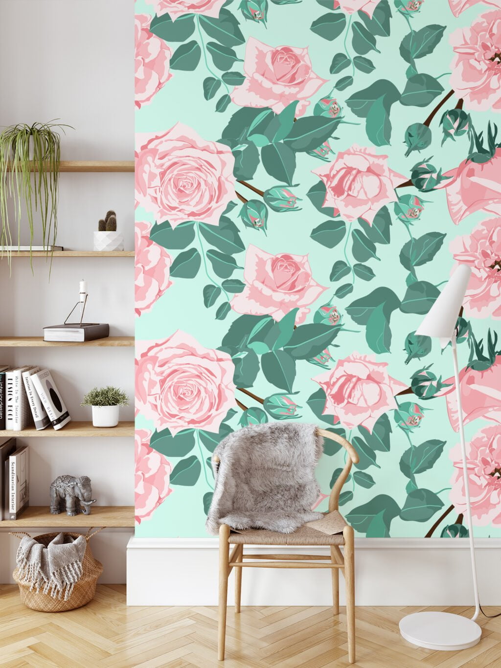 Flat Art Pastel Pink Green Roses Illustration Wallpaper, Soft Pink Blooms Peel & Stick Wall Mural