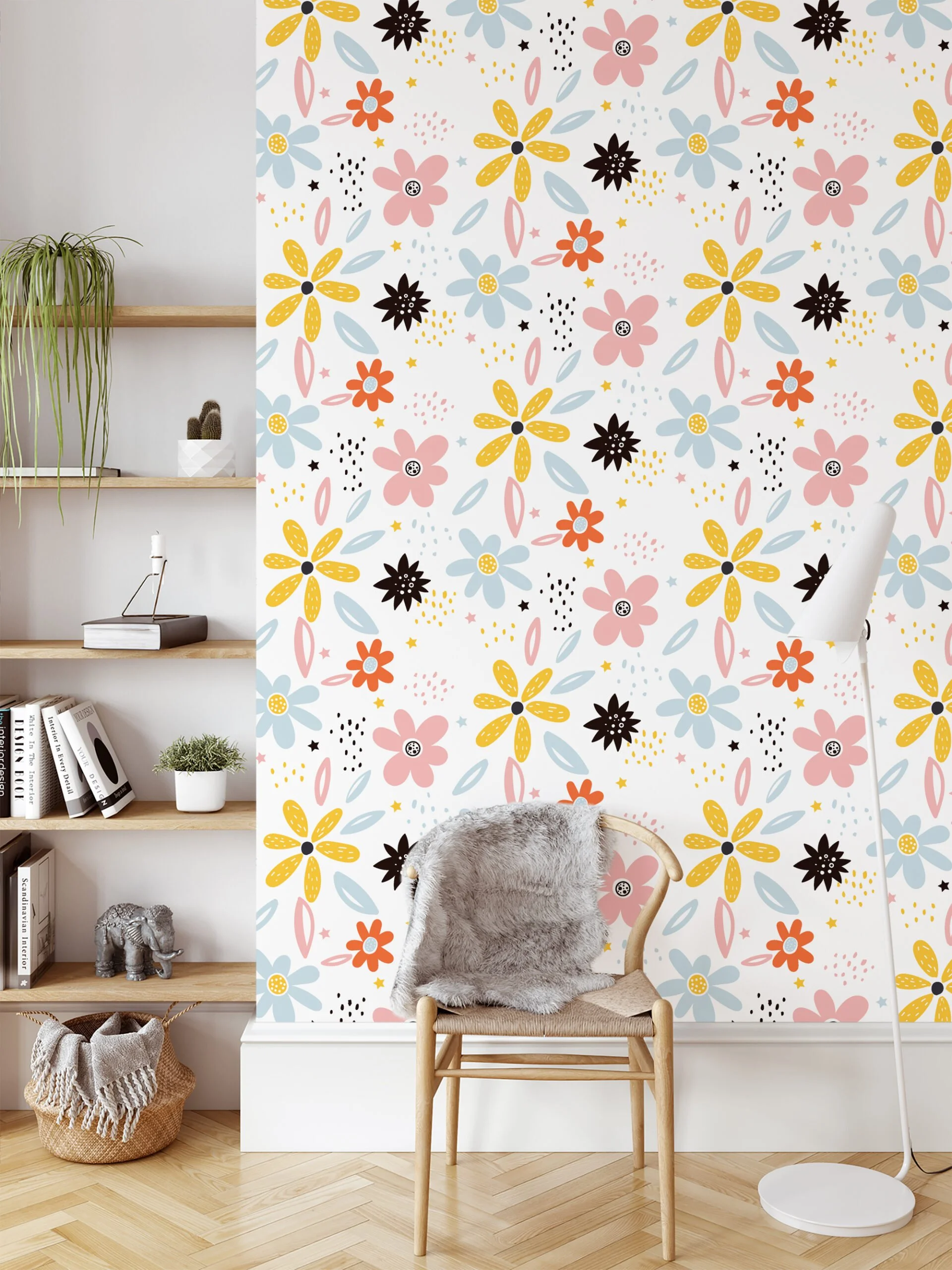 Floral Flat Art Flowers With A White Background Wallpaper, Charming Floral Peel & Stick Wall Mural